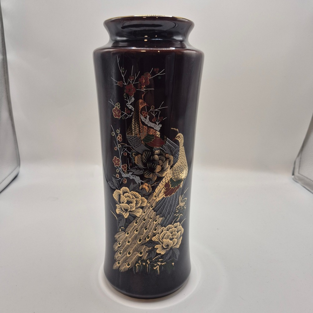Vintage Japanese Peacock Ceramic Vase Brown Gold Floral Chokin Style 10.5 Inch